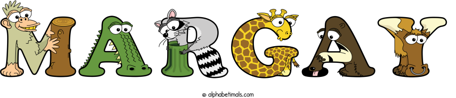 Margay animal word art spelling Margay with Alphabetimals - cartoon alphabet animals