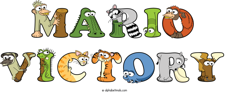 Mario Victory animal word art spelling Mario Victory with Alphabetimals - cartoon alphabet animals
