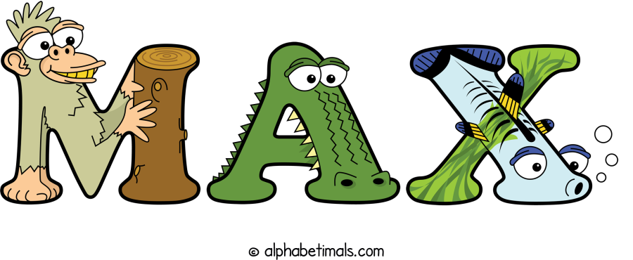 Max animal word art spelling Max with Alphabetimals - cartoon alphabet animals
