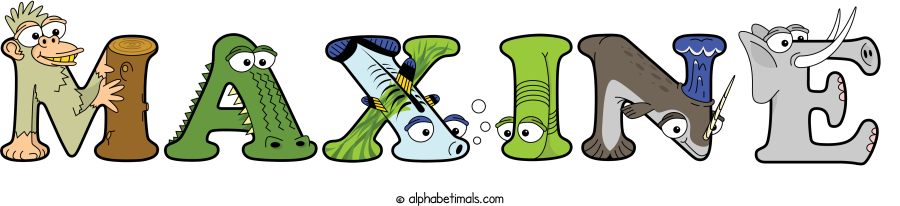 Maxine animal word art spelling Maxine with Alphabetimals - cartoon alphabet animals