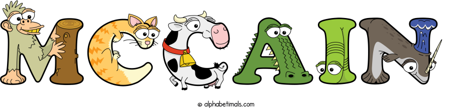 Mccain animal word art spelling Mccain with Alphabetimals - cartoon alphabet animals