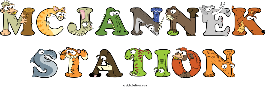 Mcjannek Station animal word art spelling Mcjannek Station with Alphabetimals - cartoon alphabet animals