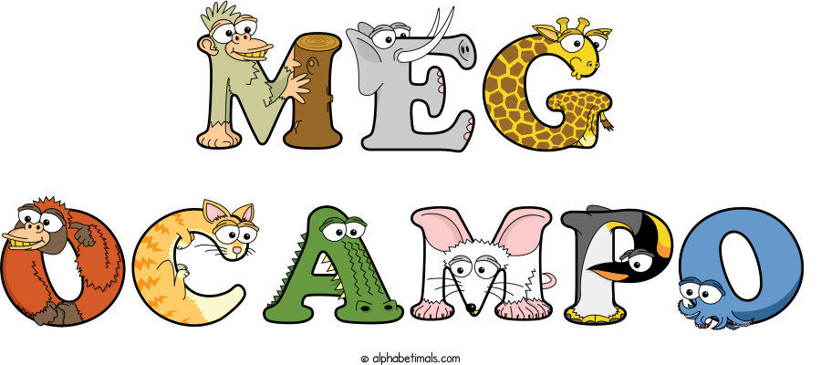 Meg Ocampo animal word art spelling Meg Ocampo with Alphabetimals cartoon alphabet animals