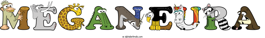 Meganeura animal word art spelling Meganeura with Alphabetimals - cartoon alphabet animals