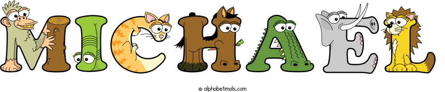 Michael animal word art spelling Michael with Alphabetimals - cartoon alphabet animals