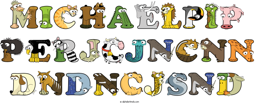 Michaelpip Perjcjncnn Dndncjsnd animal word art spelling Michaelpip Perjcjncnn Dndncjsnd with Alphabetimals - cartoon alphabet animals