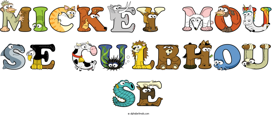 Mickey Mou Se Culbhou Se animal word art spelling Mickey Mou Se Culbhou Se with Alphabetimals - cartoon alphabet animals