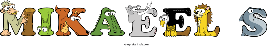Mikaeel S animal word art spelling Mikaeel S with Alphabetimals - cartoon alphabet animals