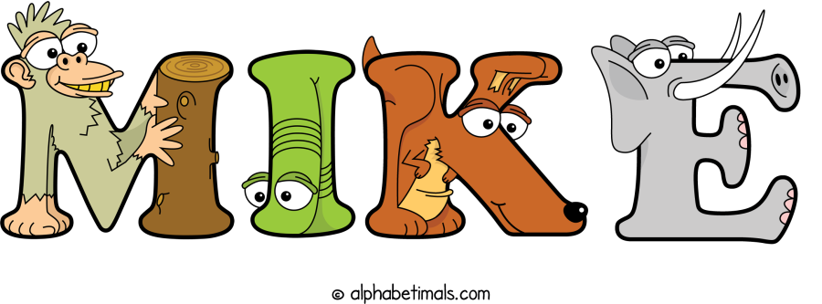 Mike animal word art spelling Mike with Alphabetimals - cartoon alphabet animals