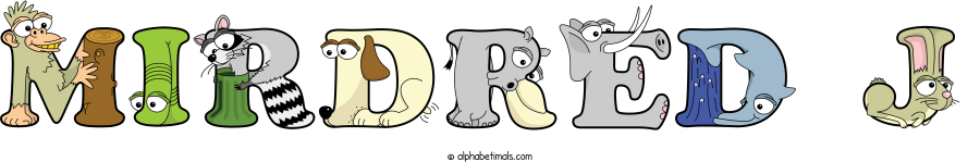 Mirdred J animal word art spelling Mirdred J with Alphabetimals - cartoon alphabet animals