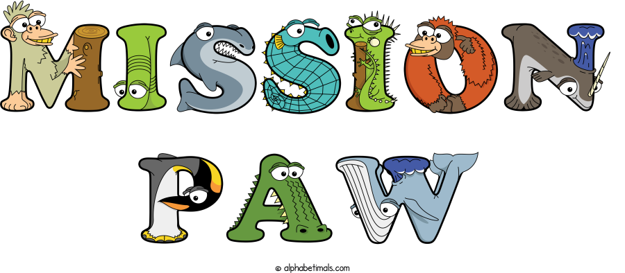 Mission Paw animal word art spelling Mission Paw with Alphabetimals - cartoon alphabet animals