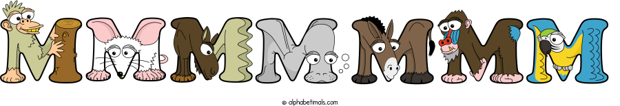 Mmmmmmm animal word art spelling Mmmmmmm with Alphabetimals - cartoon alphabet animals