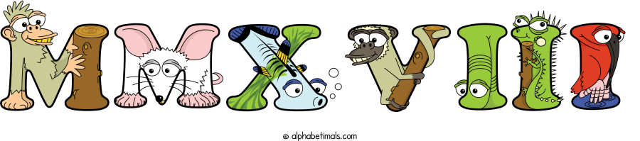 Mmxviii animal word art spelling Mmxviii with Alphabetimals - cartoon alphabet animals