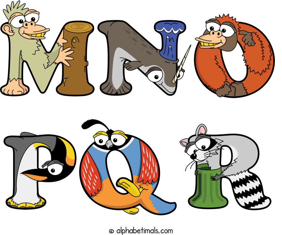 Mno Pqr animal word art spelling Mno Pqr with Alphabetimals - cartoon alphabet animals