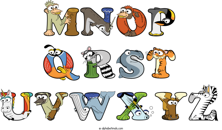 Mnop Qrst Uvwxyz animal word art spelling Mnop Qrst Uvwxyz with Alphabetimals - cartoon alphabet animals