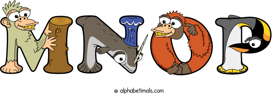Mnop animal word art spelling Mnop with Alphabetimals - cartoon alphabet animals