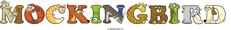 Mockingbird animal word art spelling Mockingbird with Alphabetimals - cartoon alphabet animals