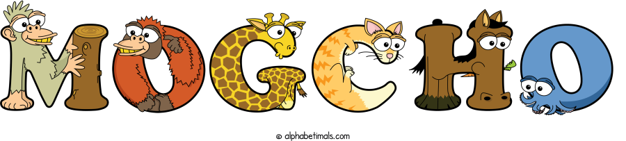 Mogcho animal word art spelling Mogcho with Alphabetimals - cartoon alphabet animals