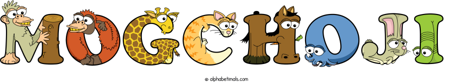 Mogchoji animal word art spelling Mogchoji with Alphabetimals - cartoon alphabet animals