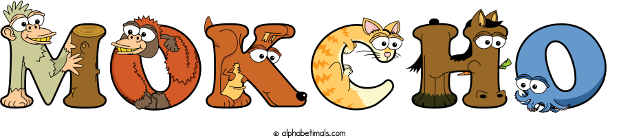 Mokcho animal word art spelling Mokcho with Alphabetimals - cartoon alphabet animals
