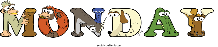 Monday animal word art spelling Monday with Alphabetimals - cartoon alphabet animals
