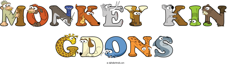 Monkey Kin Gdons animal word art spelling Monkey Kin Gdons with Alphabetimals - cartoon alphabet animals