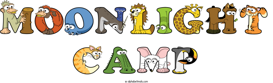Moonlight Camp animal word art spelling Moonlight Camp with Alphabetimals - cartoon alphabet animals