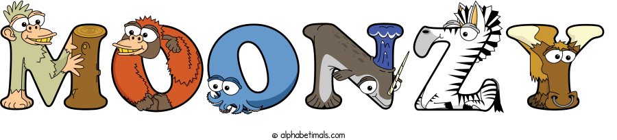 Moonzy animal word art spelling Moonzy with Alphabetimals - cartoon alphabet animals