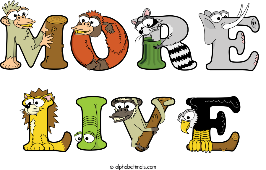 More Live animal word art spelling More Live with Alphabetimals - cartoon alphabet animals