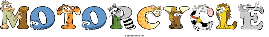 Motorcycle animal word art spelling Motorcycle with Alphabetimals - cartoon alphabet animals