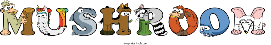 Mushroom animal word art spelling Mushroom with Alphabetimals - cartoon alphabet animals
