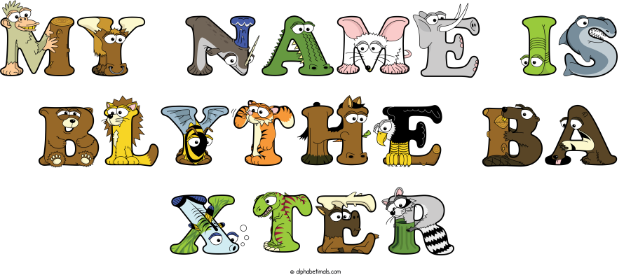 My Name Is  Blythe Ba Xter animal word art spelling My Name Is  Blythe Ba Xter with Alphabetimals - cartoon alphabet animals
