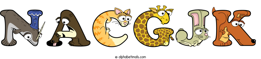 Nacgjk animal word art spelling Nacgjk with Alphabetimals cartoon alphabet animals