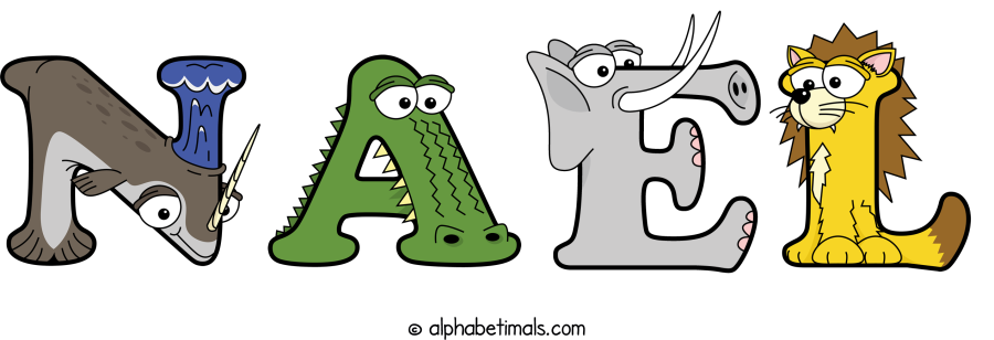Nael animal word art spelling Nael with Alphabetimals - cartoon alphabet animals