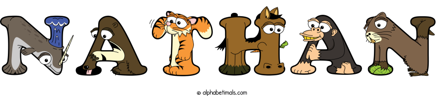 Nathan animal word art spelling Nathan with Alphabetimals - cartoon alphabet animals