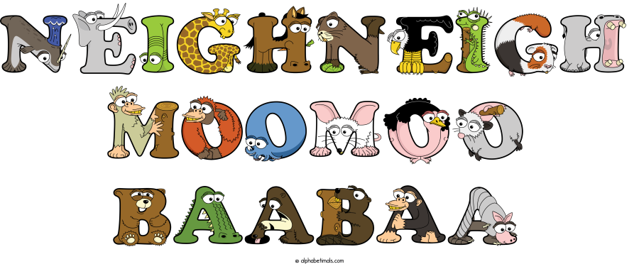 Neighneigh Moomoo Baabaa animal word art spelling Neighneigh Moomoo Baabaa with Alphabetimals - cartoon alphabet animals