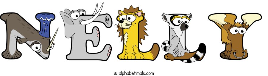 Nelly animal word art spelling Nelly with Alphabetimals - cartoon alphabet animals