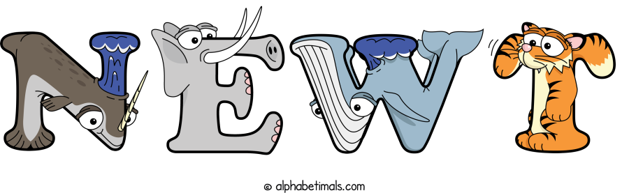 Newt animal word art spelling Newt with Alphabetimals - cartoon alphabet animals