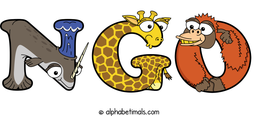 Ngo animal word art spelling Ngo with Alphabetimals - cartoon alphabet animals