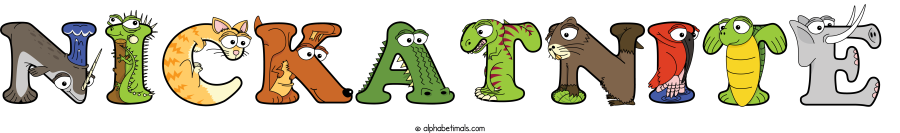 Nickatnite animal word art spelling Nickatnite with Alphabetimals - cartoon alphabet animals