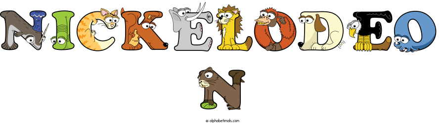 Nickelodeo N animal word art spelling Nickelodeo N with Alphabetimals - cartoon alphabet animals