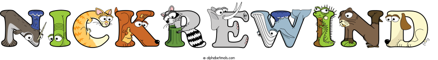 Nickrewind animal word art spelling Nickrewind with Alphabetimals - cartoon alphabet animals