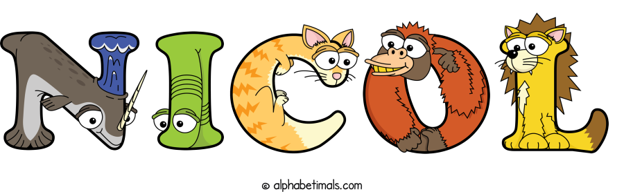 Nicol animal word art spelling Nicol with Alphabetimals cartoon alphabet animals