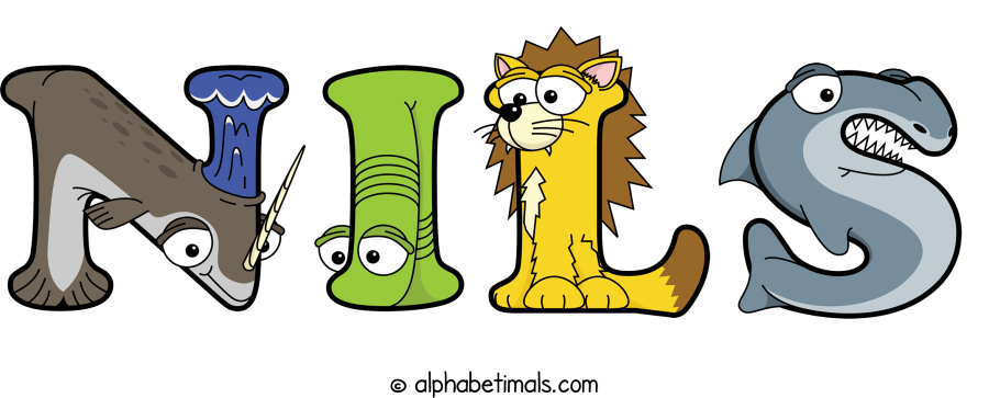 Nils animal word art spelling Nils with Alphabetimals - cartoon alphabet animals