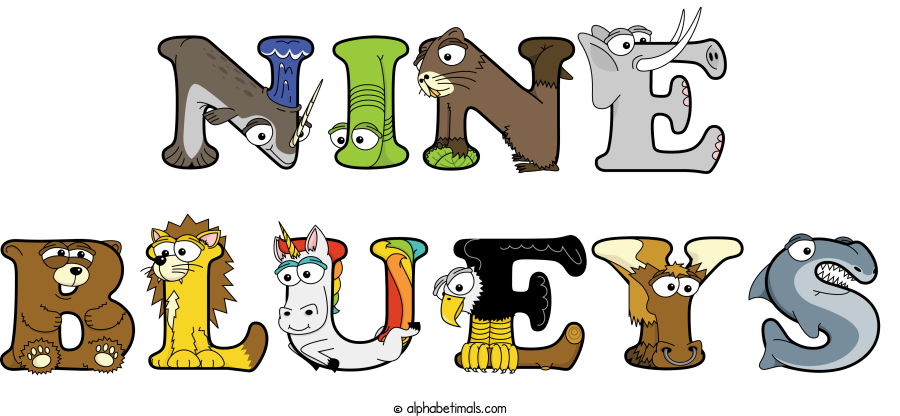 Nine Blueys animal word art spelling Nine Blueys with Alphabetimals - cartoon alphabet animals