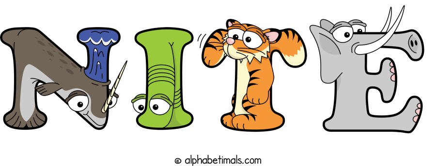 Nite animal word art spelling Nite with Alphabetimals cartoon alphabet animals
