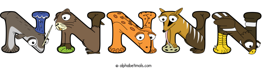 Nnnnn animal word art spelling Nnnnn with Alphabetimals - cartoon alphabet animals