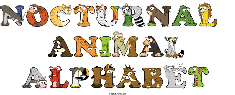 Nocturnal  Animal Alphabet animal word art spelling Nocturnal  Animal Alphabet with Alphabetimals - cartoon alphabet animals