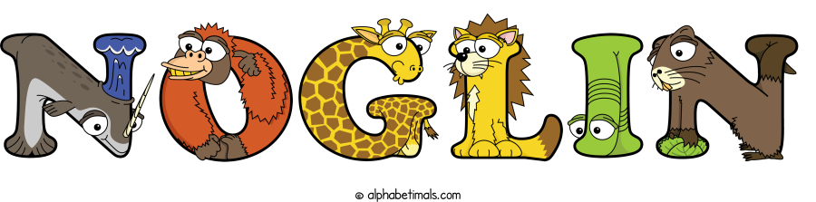 Noglin animal word art spelling Noglin with Alphabetimals - cartoon alphabet animals