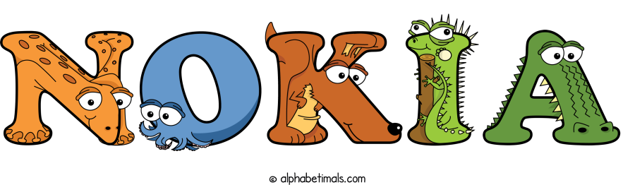 Nokia animal word art spelling Nokia with Alphabetimals - cartoon alphabet animals